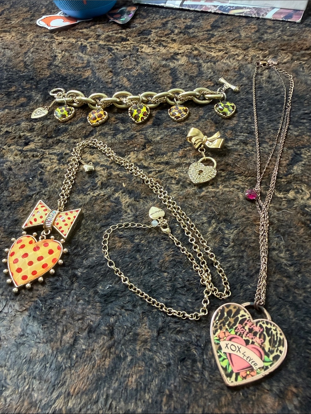 Gold-Tone Heart Charm Necklace with Leopard Print Pendant - Vintage Betsey J